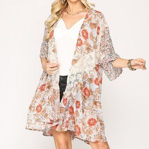 Floral Print Kimono With Crochet Lace Detail